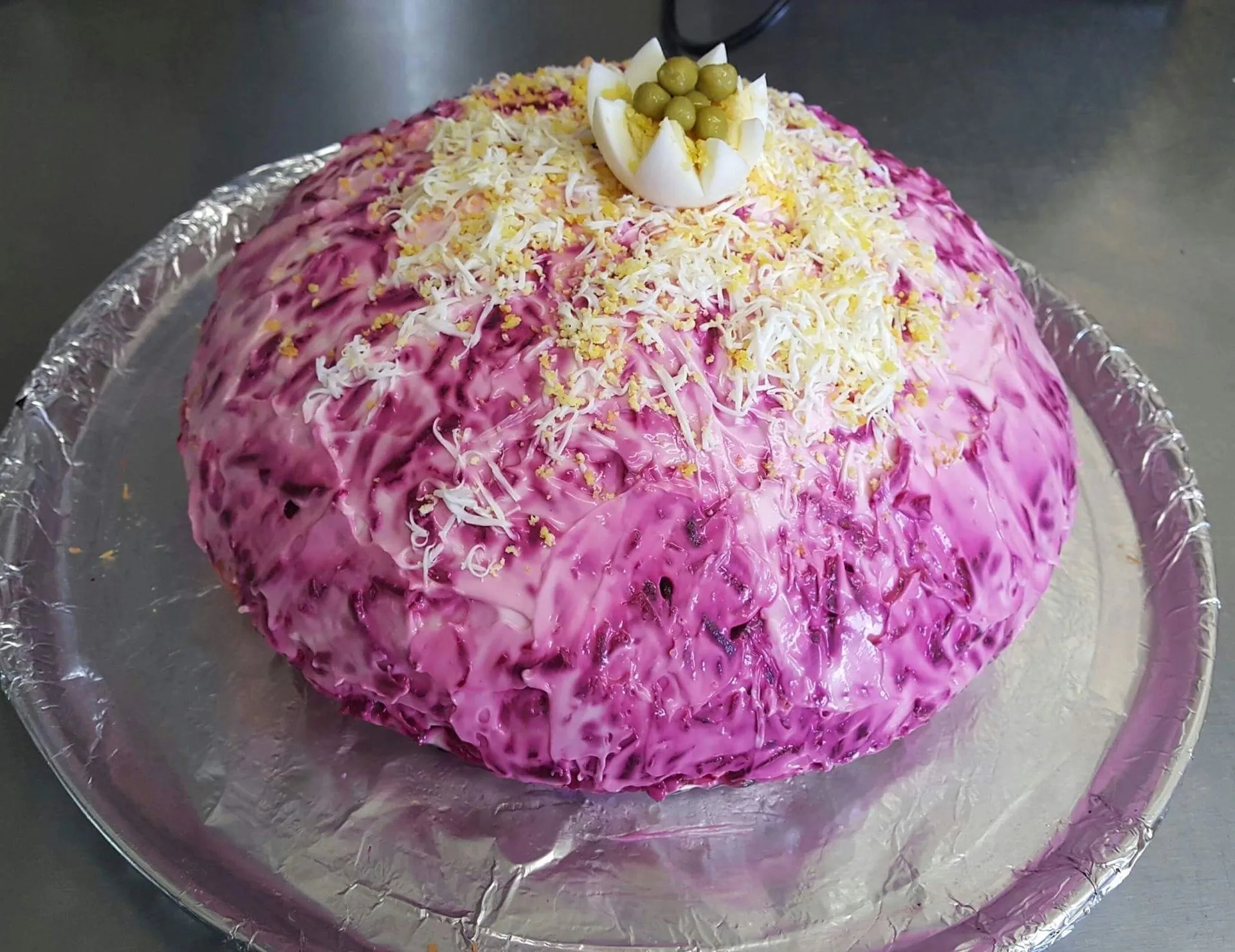 Traditional Russian Shuba layered beet salad for parties