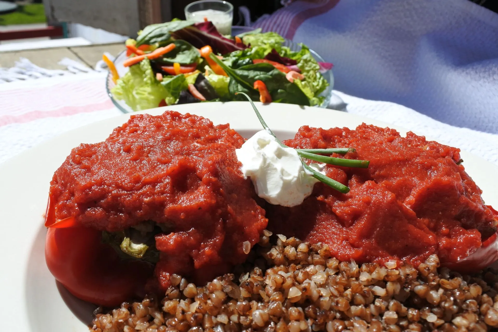 Stuffed Peppers — Sweet peppers filled with ground beef and brown rice, baked in a rich tomato sauce.